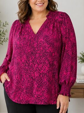 Calvin Klein 1X Pink Black Animal Print V-Neck Blouse